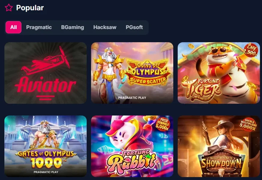 Juegos populares en el lobby de Lukkly con filtros por proveedor: Pragmatic, BGaming, Hacksaw y PGsoft